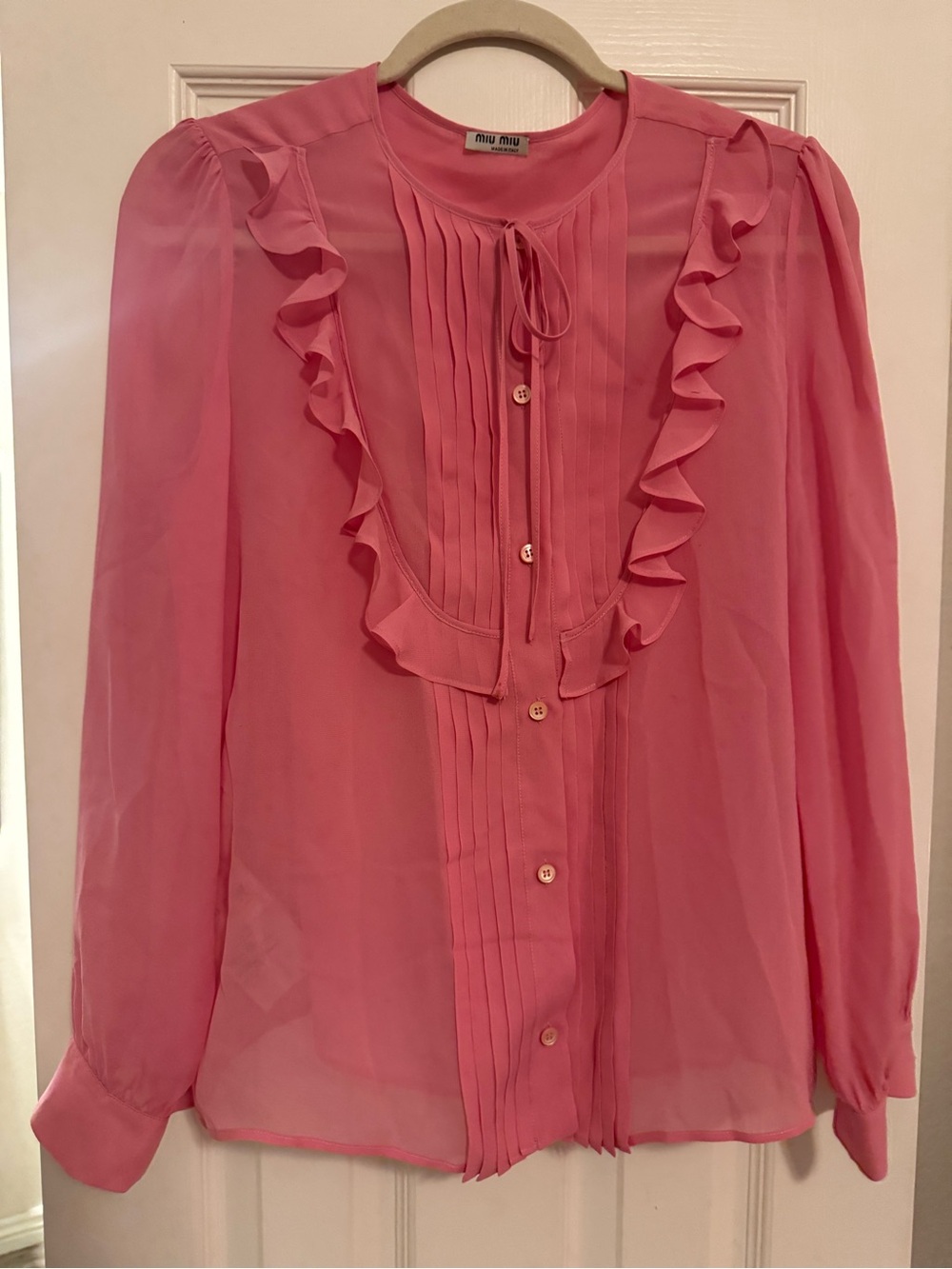 Miu Miu Pink Ruffle Pintuck Tie Blouse